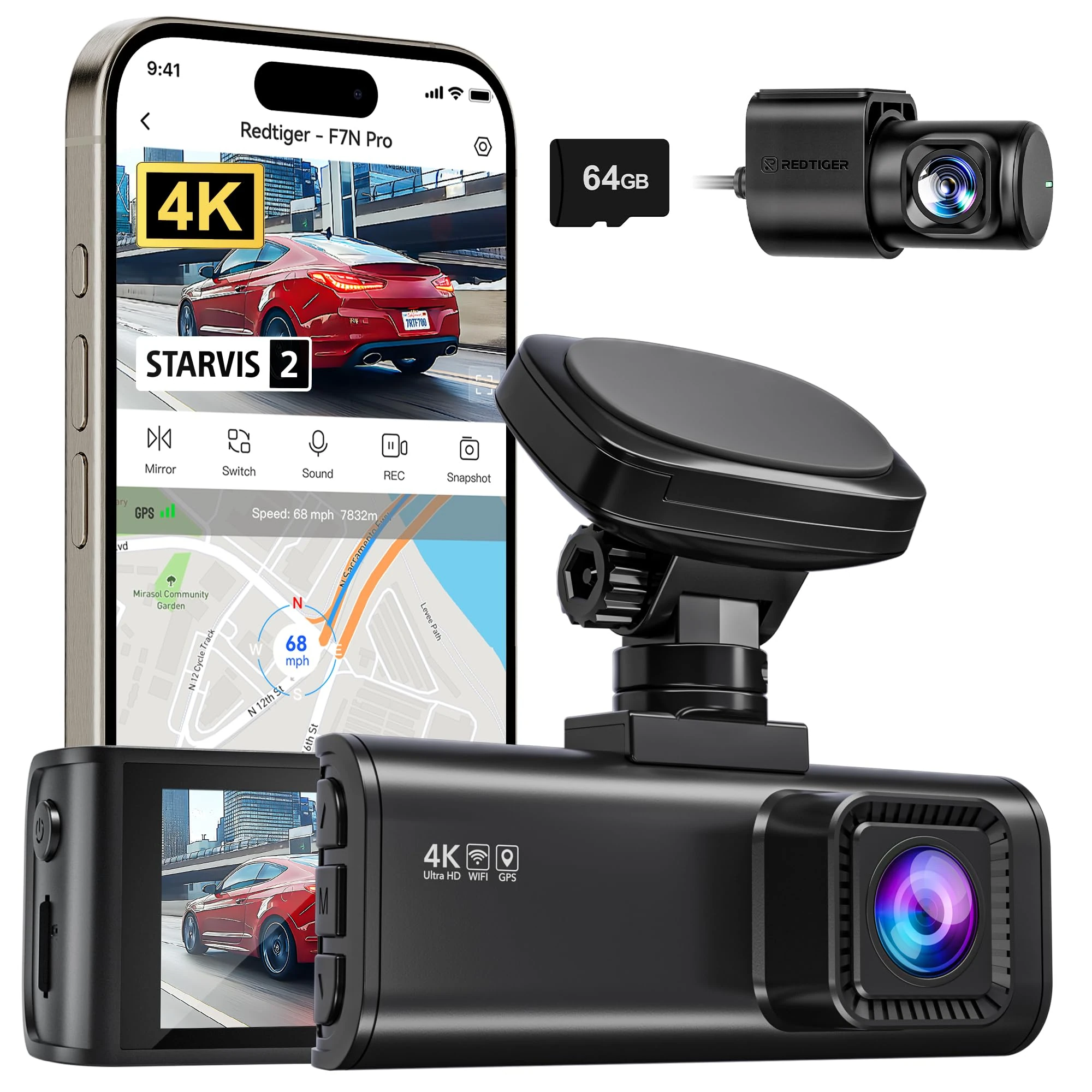 REDTIGER 4K Dash Cam Front and Rear, STARVIS 2 Sensor, 64GB Card Included, 4K/2.5K+1080P Dual Dash Camera for Cars Built-in WiFi GPS, 3.18 Inch IPS Screen, 170° Wide Angle, Parking Monitor (F7N Pro)