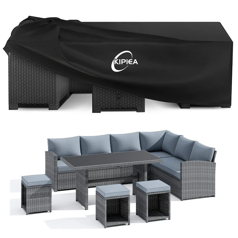 Kipiea Extra Large Garden Furniture Covers, Outdoor Table Covers Waterproof, Heavy Duty 420D Patio Rattan Furniture Cover for Table & Chairs, Windproof, No Tears, Anti-UV, Rect - 325 x 211 x 71cm