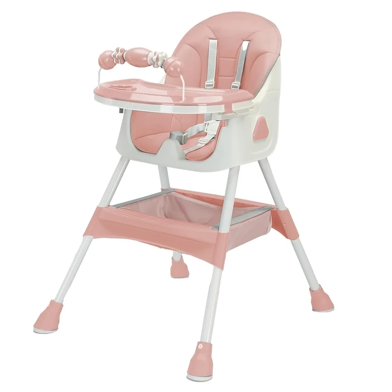 UBRAVOO 3-in-1 Baby HighChair, Foldable Portable Baby Dining Chairs Eat & Play Convertible High Chair with Double-Layer Dinner Plate and Toy Rack(Pink)
