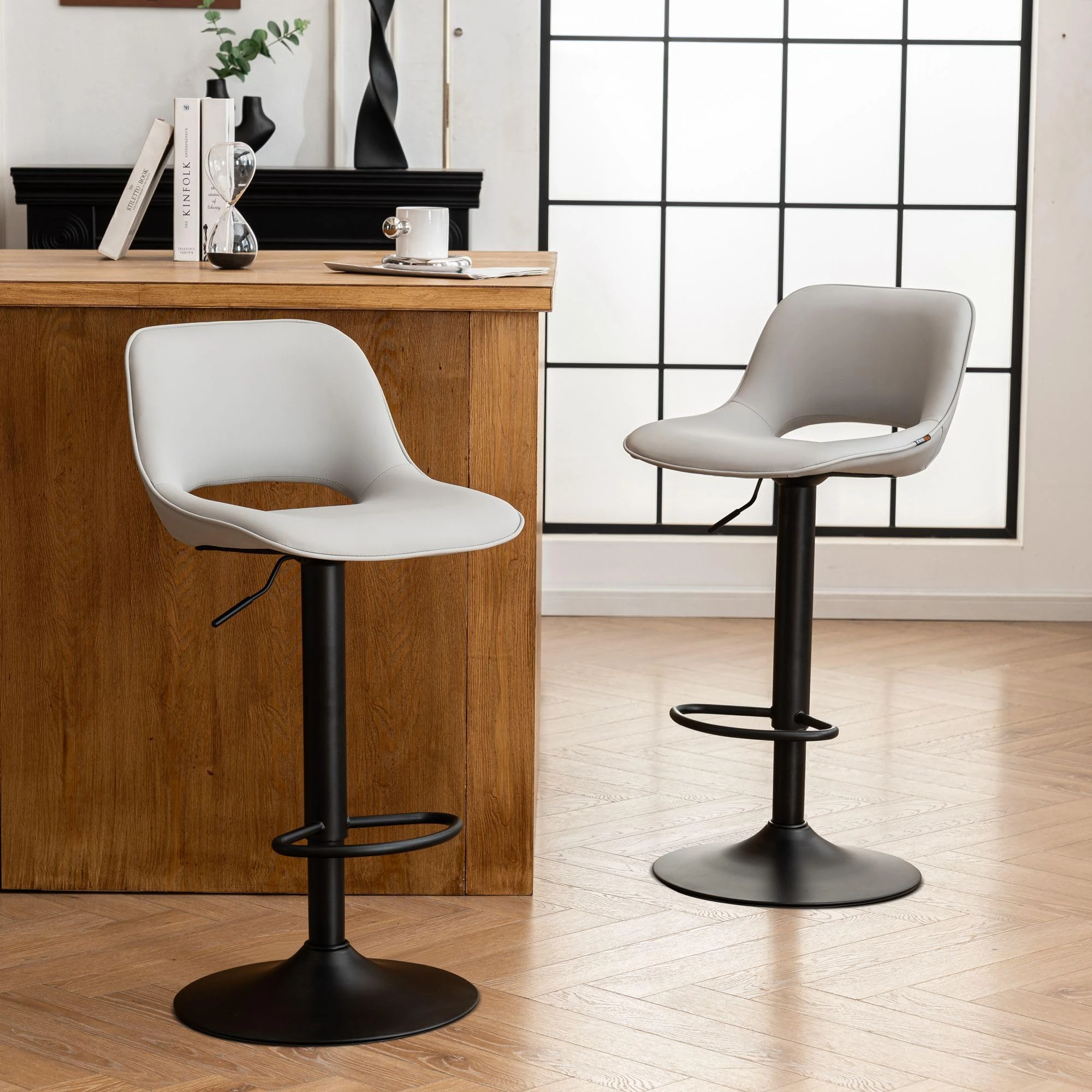 YOUNIKE Bar Stools Set of 2 Modern Breakfast Barstools, Adjustable Swivel Counter Height Bar Chairs Faux Leather Upholstered Counter Stools with Hollow Back for Kitchen Island, Grey