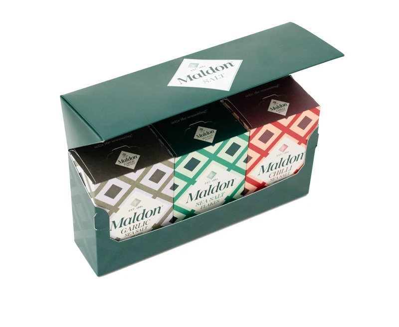 Maldon Salt - Gift Pack 125g Original, 100g Garlic & 100g Chilli Sea Salt - The Best Gift for Food Lovers and Aspiring Cooks, Versatile Flavours - Comes in Premium Packaging