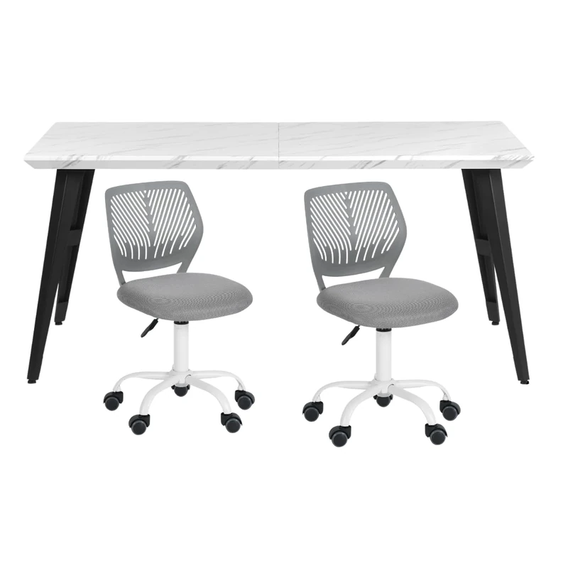 FurnitureR Office Desk Chair Set 150cm Rectangular Desk Fabric Seat Ergonomic Study 2pcs Chair without Armrest, Adjustable Height Swivel Chair for Home Office,Study Room, Gaming Room,White Grey