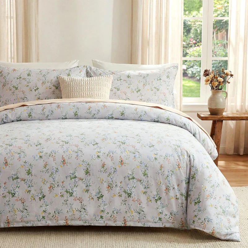 Cozaline Queen Size 100% Cotton Green Floral Duvet Cover Set with Zipper 3 Pieces Soft & Breathable Reversible Cute Floral Comforter Cover