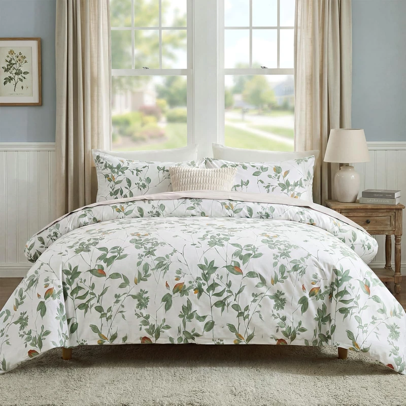 Cozaline Floral Comforter Set Queen Size 100% Cotton Comforter Green Floral Bedding Comforter Set 3 Pcs Ultra Soft and Easy Care Reversible Lightweight Bedding Sets