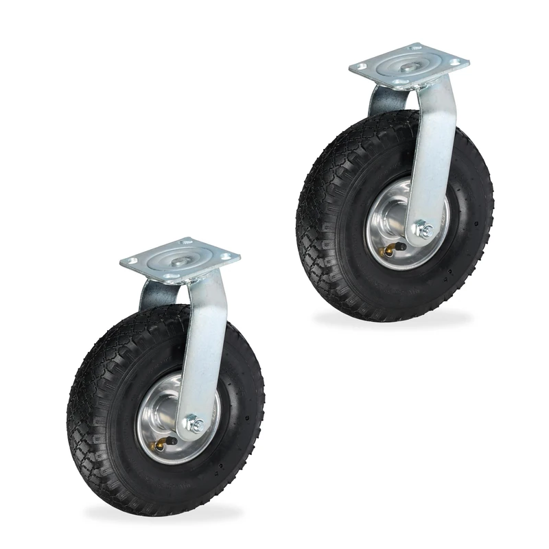 Relaxdays Set of 2 Swivel Castors, Pneumatic Tyres, 3.00-4, Heavy-Duty Wheels, Screw-On Plate, Max. 240 kg, Black/Silver, Steel, 30 x 26 x 13.5 cm