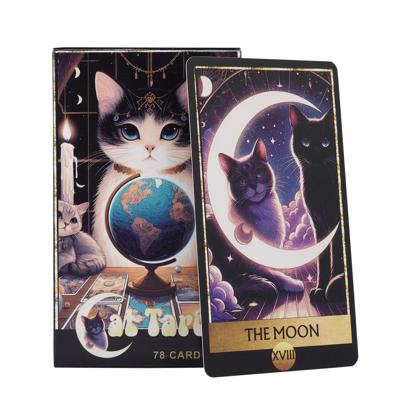 Pzuryhg Cat Tarot Games, 78pcs Tarot Deck, English Version Tarot, Oracle Deck Cards, Cat-Themed Tarot Deck, Portable English Version Tarot Games for Fun Wiccan Activities