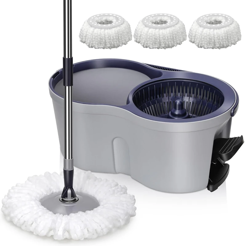 MASTERTOP Mop and Buckets Sets, Spin Mop and Bucket with Foot Pedal, Long Handled 360° Rotating Mops Set with 3 Microfibre Cleaning Heads, Portable Floor Mops Bucket for Cleaning Laminate Wood Tile