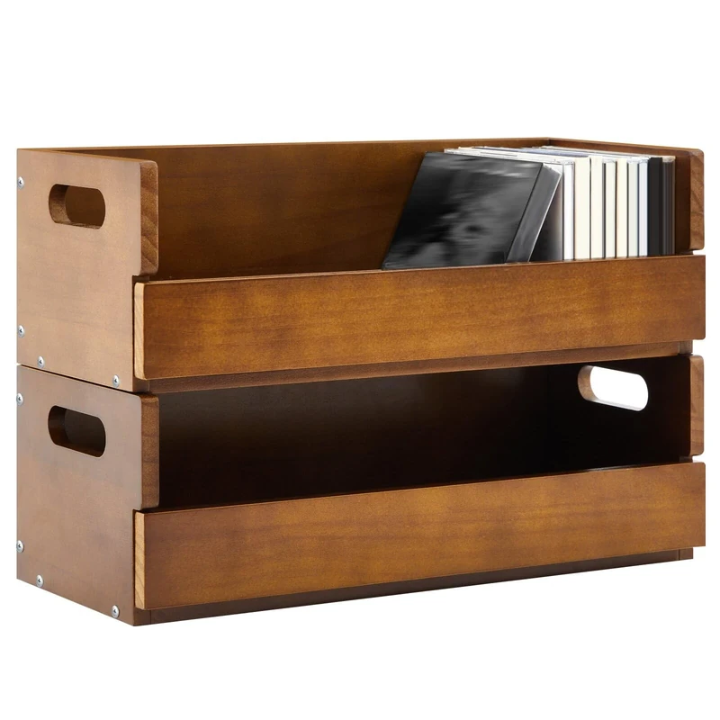 CroBlissful 2 Set Wooden CD Storage Box Holder Shelf Cassette Tape Display Racks with Carrying Handles, Organizer Shelf for Movie Cases, DVDs, Each Set Can Store up to 36 Pcs CDs (Brown)