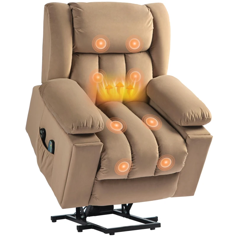 HOMCOM Power Lift Recliner Chair with Vibration Massage and Heat, Electric Lift Chair for Elderly, Overstuffed Fabric Riser and Reclining Armchair with USB Ports, Cup Holders, Light Brown