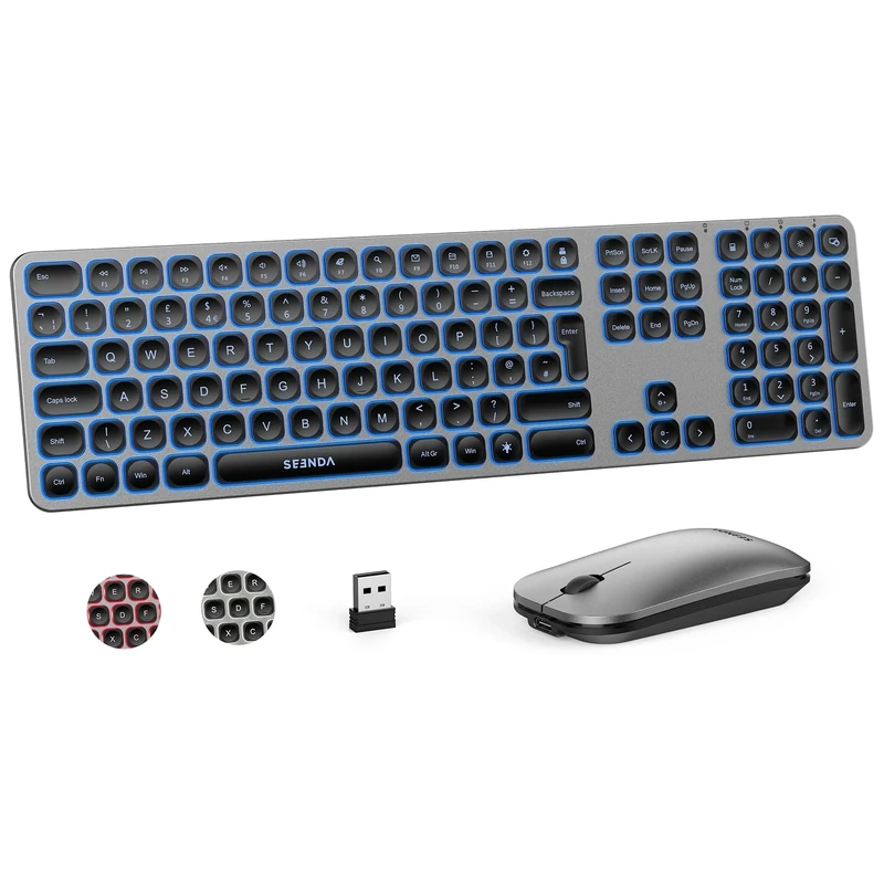 seenda Wireless Keyboard and Mouse, 3-Color Backlight(Red-White-Blue), Ultra Slim Rechargeable Backlit Quiet USB Keyboard and Mouse Set Full Size QWERTY UK for Windows PC Laptop, Black & Grey