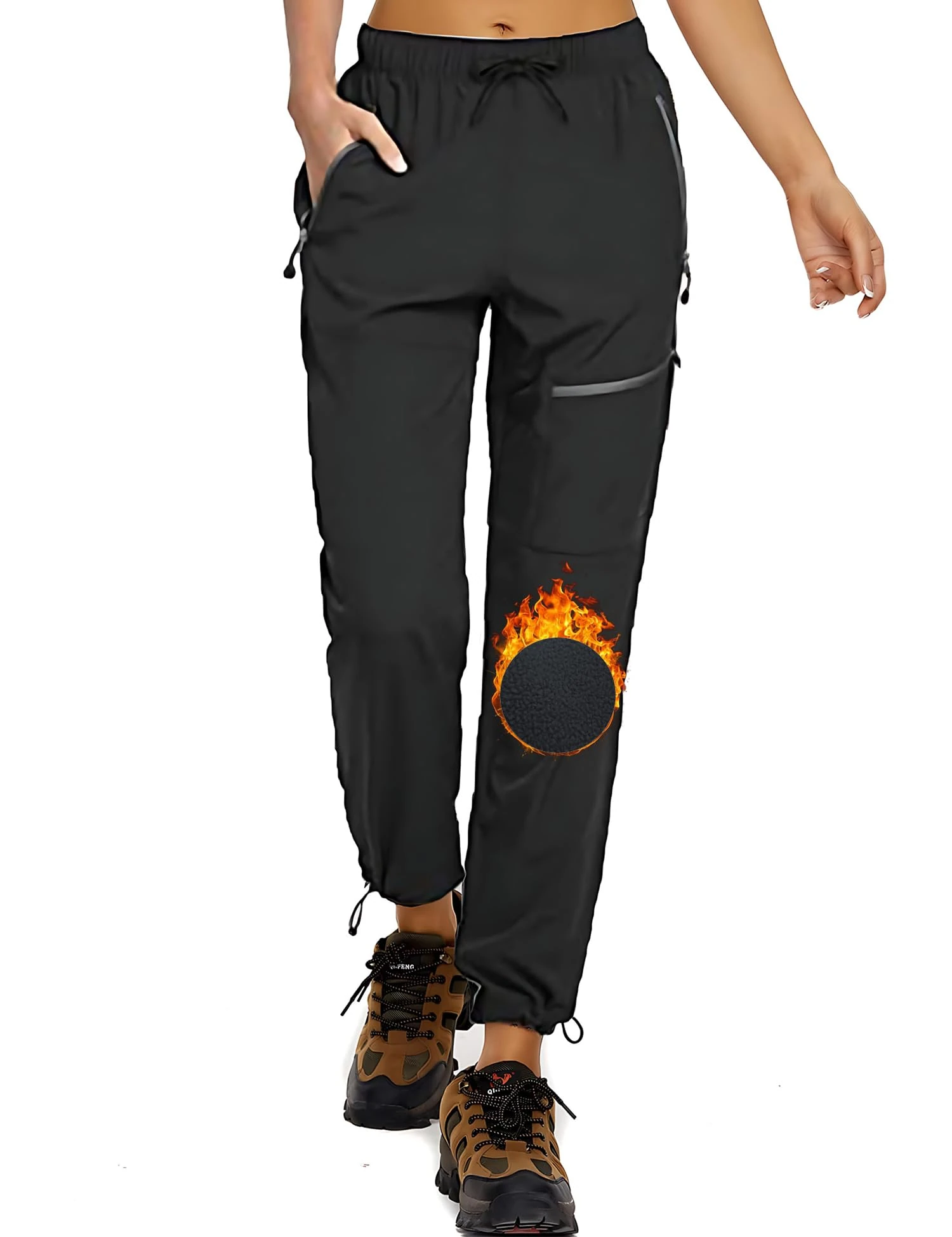 StaySlim Fleece Lined Trousers Women Cargo Pants Ladies Winter Thermal Skiing Snow Trouser with Zip Pockets Outdoor Camping Water Resistant, Black