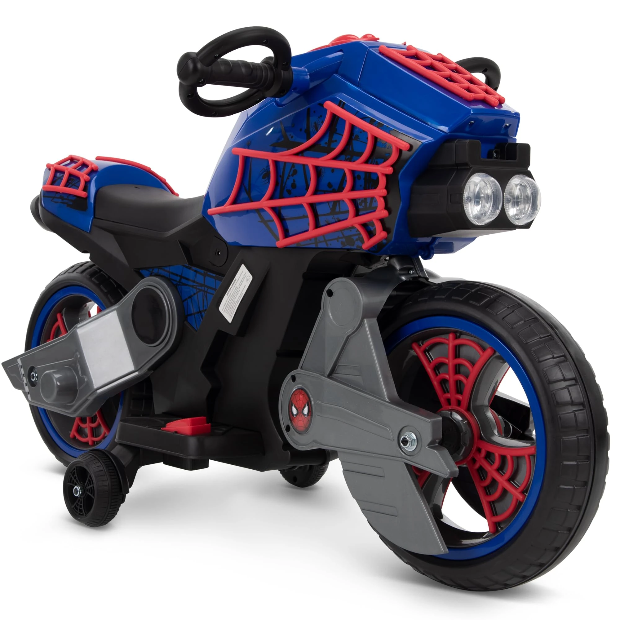 Huffy Marvel SpiderMan Kid’s 6V Battery Ride-On Motorbike with Lights, 2mph Speed, Stabilisers, and Foot Pedal Control, Ages 3-7, Blue