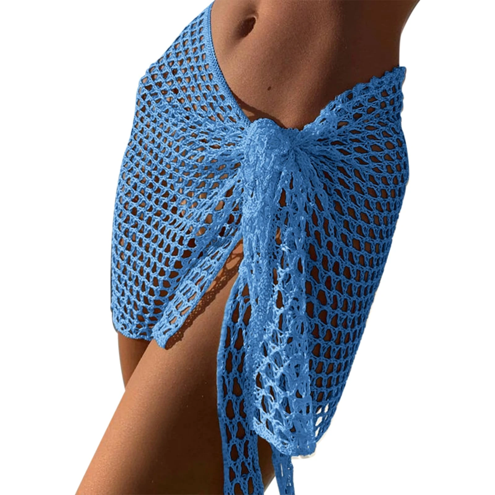 Edhomenn Womens Crochet Beach Skirts Hollow Out Cover Up Mini Skirt Solid Color Knitted Bikini Skirt Bandage Bathing Suit for Vacation (02 Blue, ONE Size)