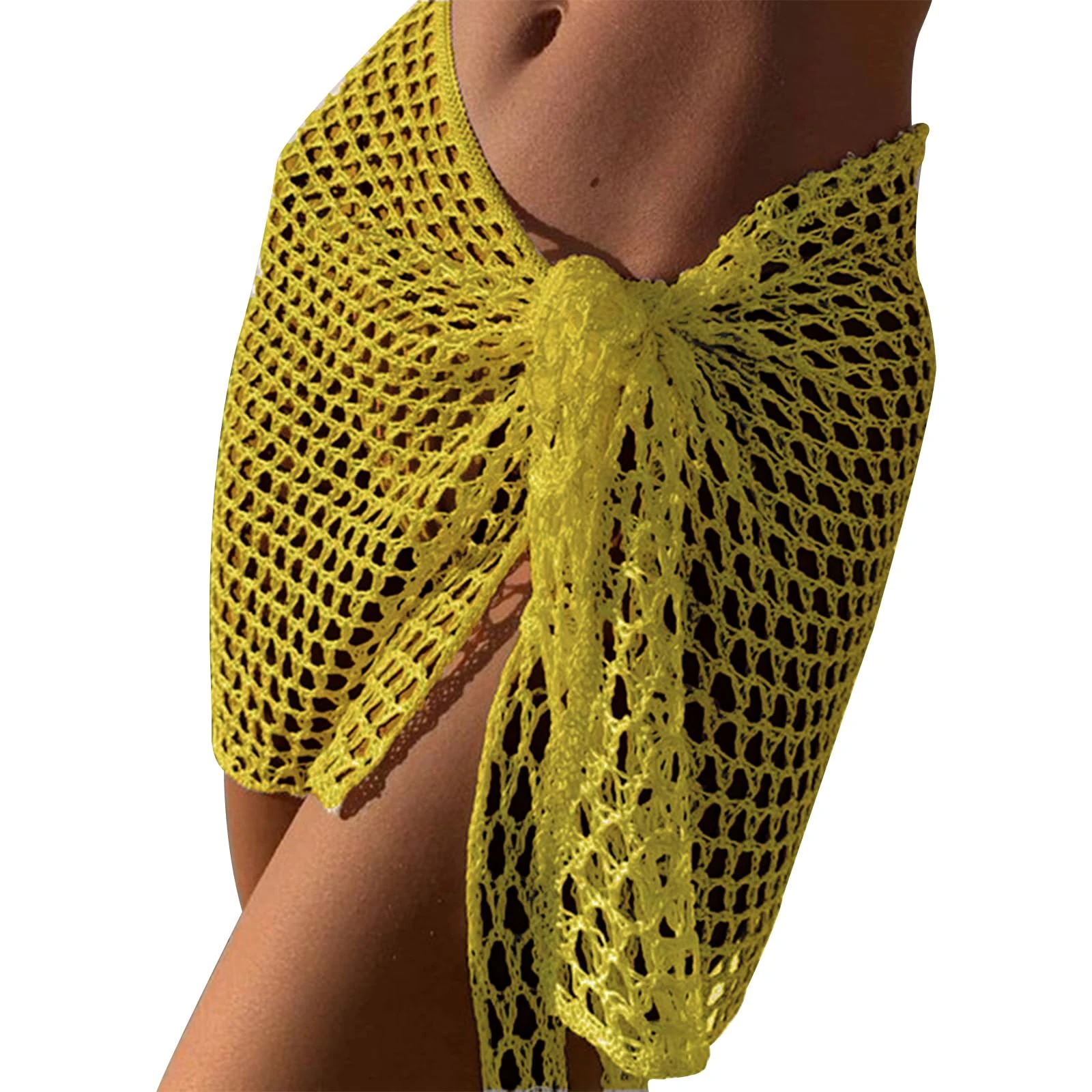 Edhomenn Womens Crochet Beach Skirts Hollow Out Cover Up Mini Skirt Solid Color Knitted Bikini Skirt Bandage Bathing Suit for Vacation (02 Yellow, ONE Size)