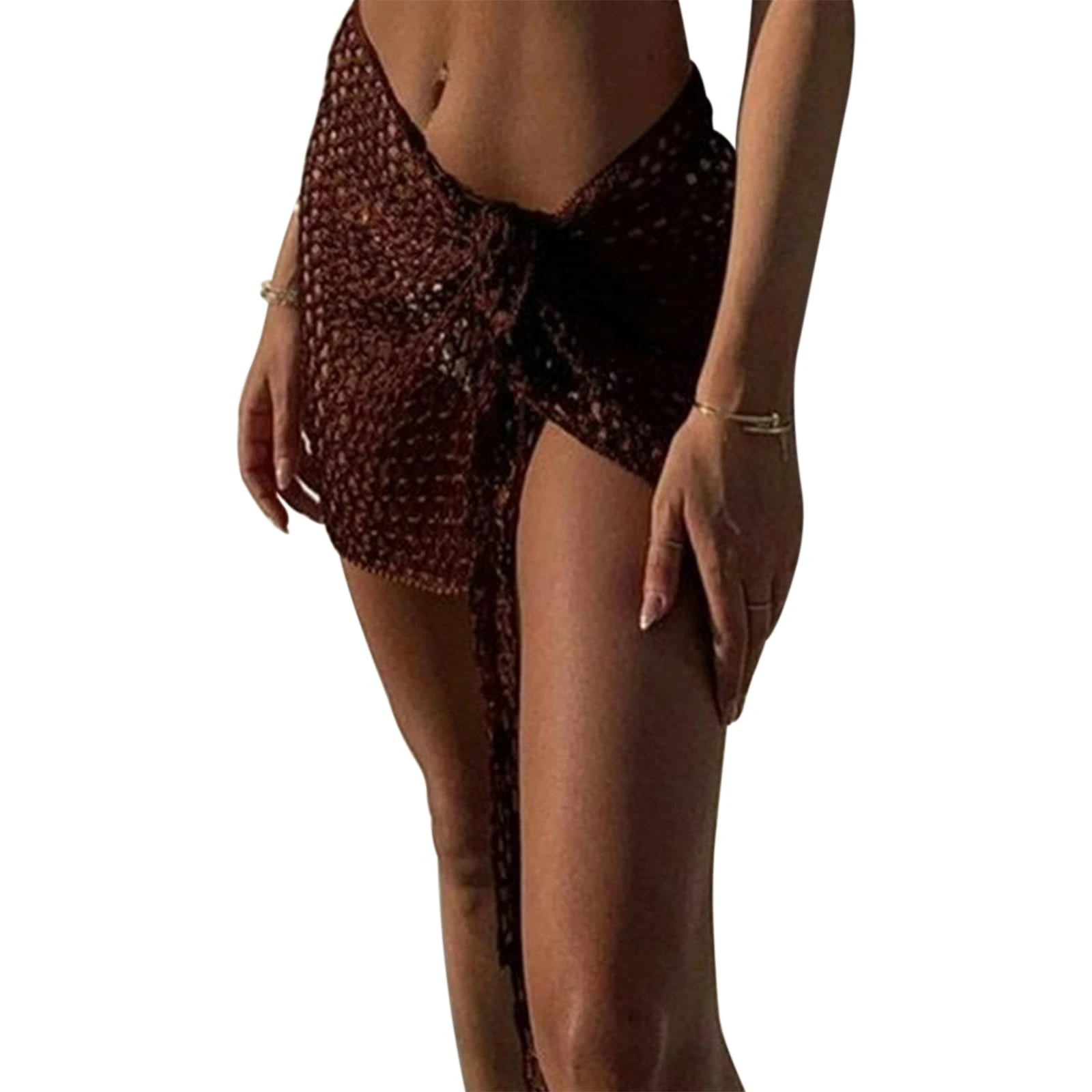 Edhomenn Womens Crochet Beach Skirts Hollow Out Cover Up Mini Skirt Solid Color Knitted Bikini Skirt Bandage Bathing Suit for Vacation (01 Dark Brown, ONE Size)