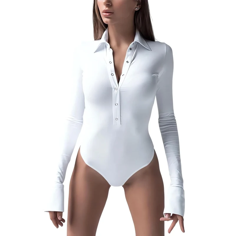 Women's Long Sleeve Bodysuit - Slim Fit Casual Leotard Top, Stretchy Basic Jumpsuit With Snap Closure, Soft Lapel Neck One Piece for Going Out