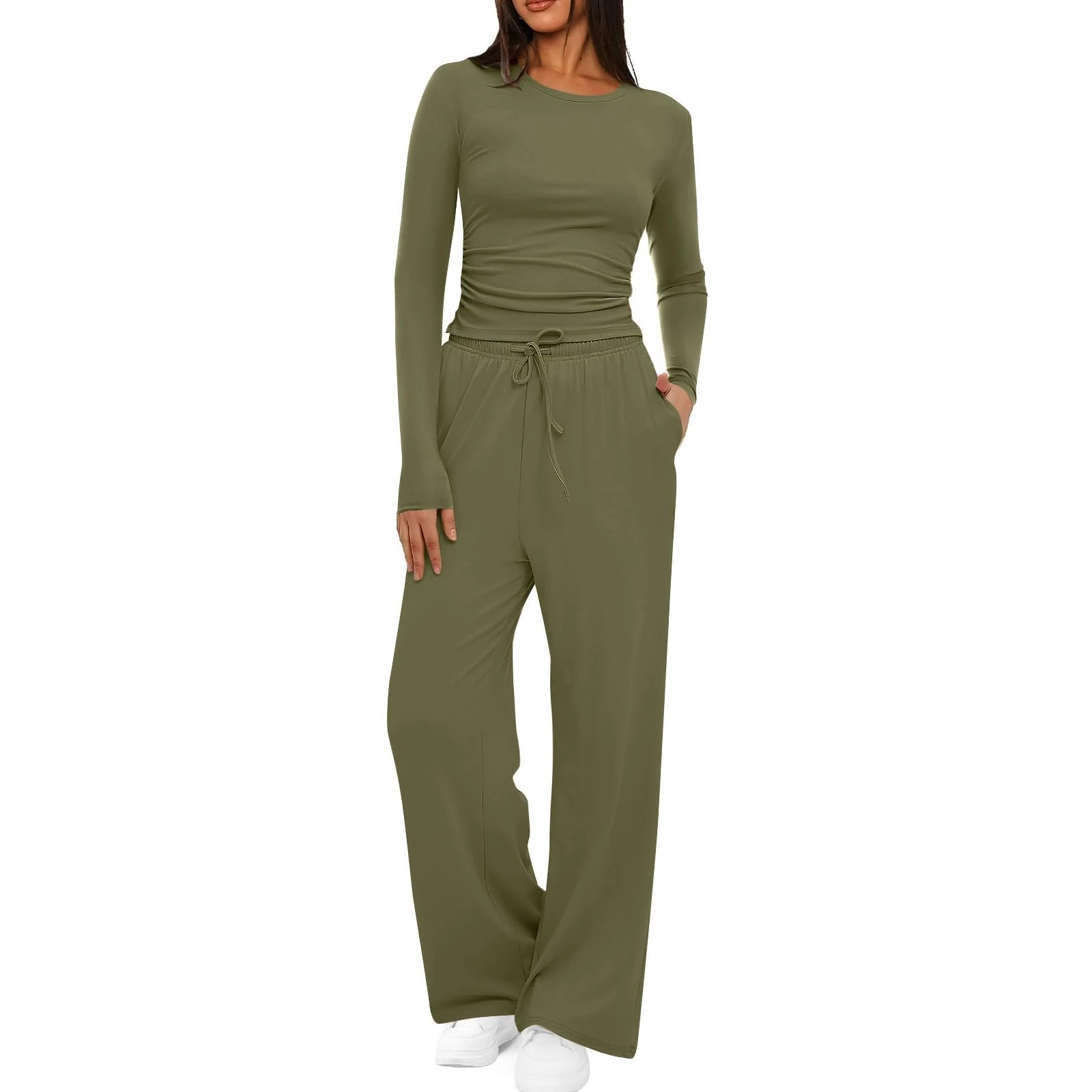HOOUDO Skims Dupe Lounge Wear Sets for Women UK Soft Stretchy Tracksuit Set Ladies 2 Piece Outfits Crop Tops Drawstring Wide Leg Trousers Co Ord Sets Streetwear Lounge Set Pyjamas