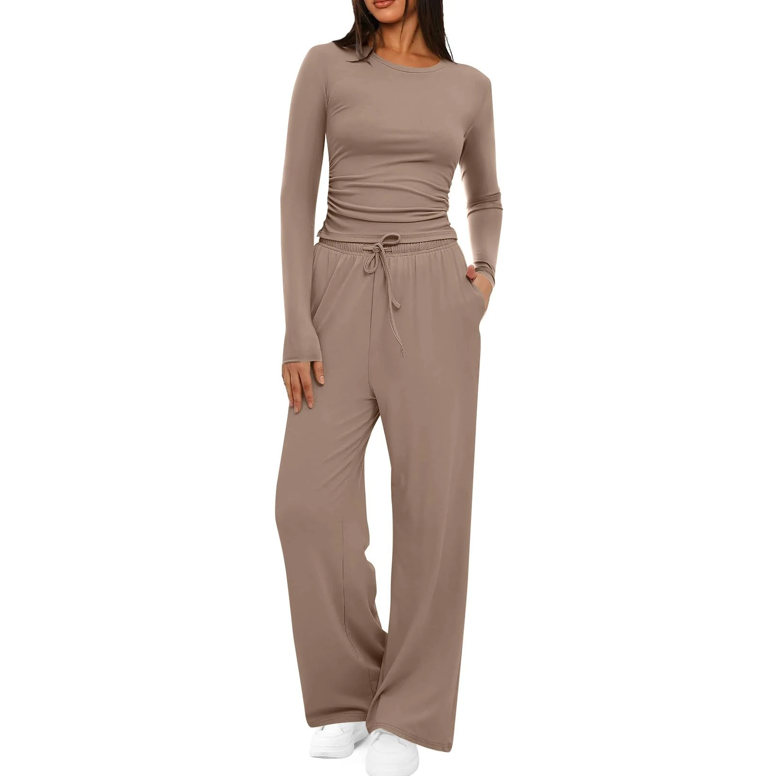HOOUDO Skims Dupe Lounge Wear Sets for Women UK Soft Stretchy Tracksuit Set Ladies 2 Piece Outfits Crop Tops Drawstring Wide Leg Trousers Co Ord Sets Streetwear Lounge Set Pyjamas