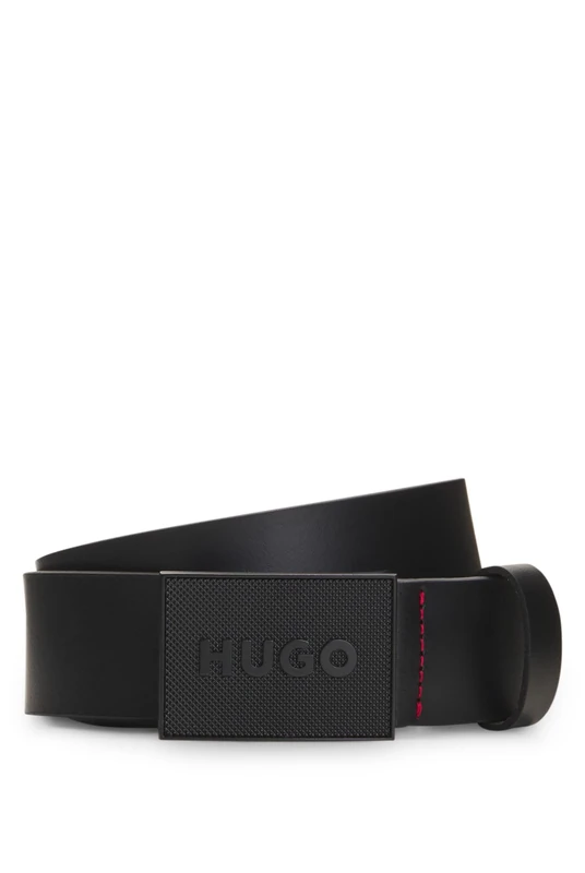HUGO Mens Gethon Sz35 Italian-leather belt with logo plaque buckle
