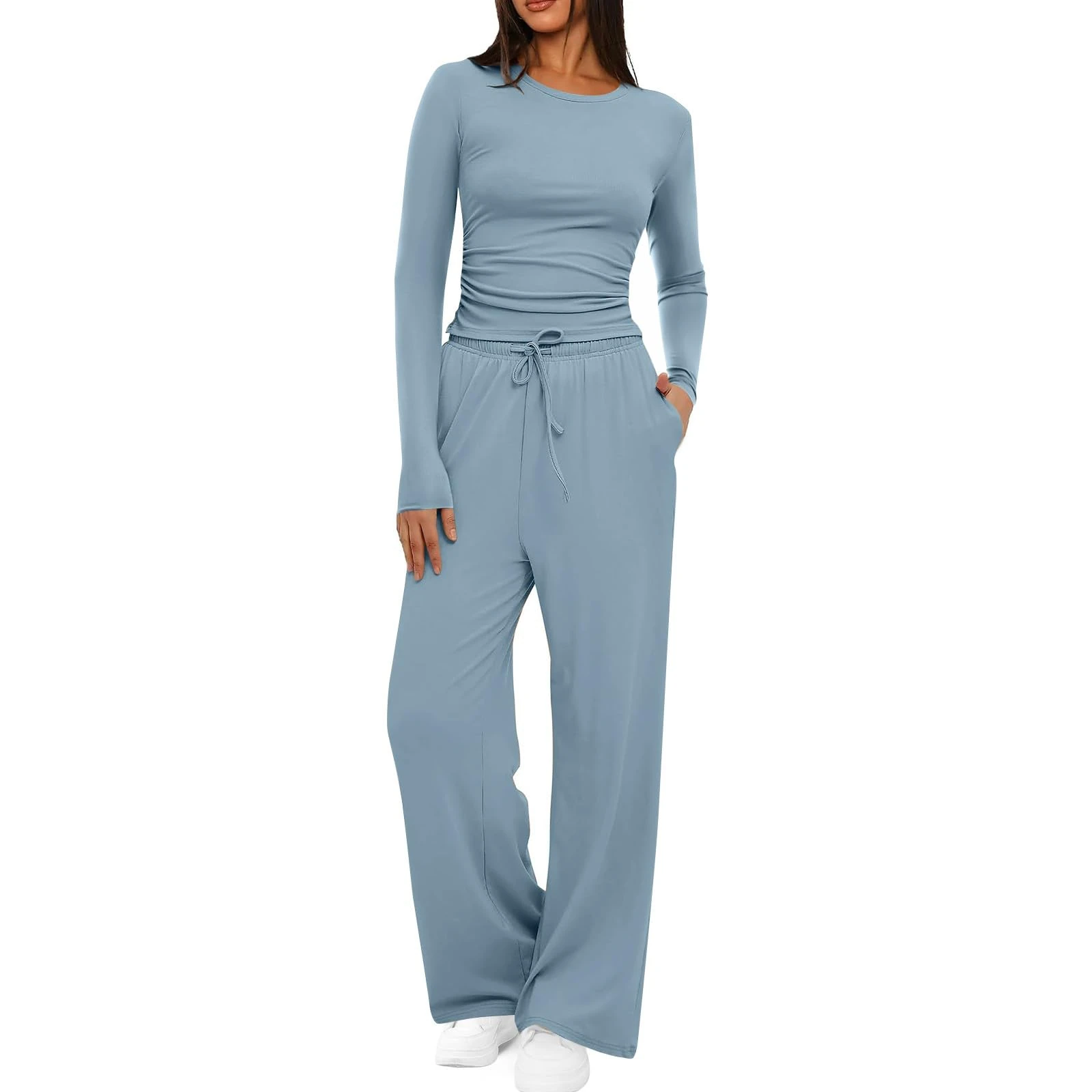 HOOUDO Skims Dupe Lounge Wear Sets for Women UK Soft Stretchy Tracksuit Set Ladies 2 Piece Outfits Crop Tops Drawstring Wide Leg Trousers Co Ord Sets Streetwear Lounge Set Pyjamas