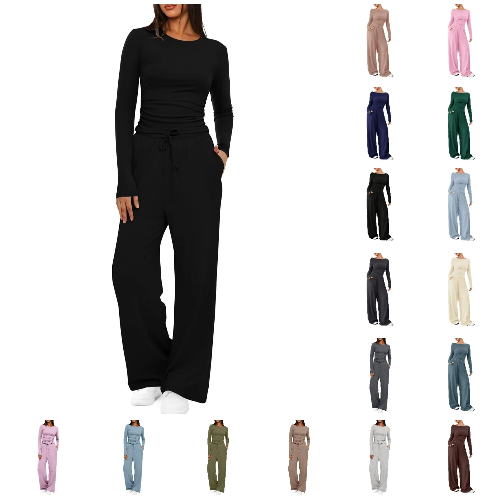 HOOUDO Skims Dupe Lounge Wear Sets for Women UK Soft Stretchy Tracksuit Set Ladies 2 Piece Outfits Crop Tops Drawstring Wide Leg Trousers Co Ord Sets Streetwear Lounge Set Pyjamas