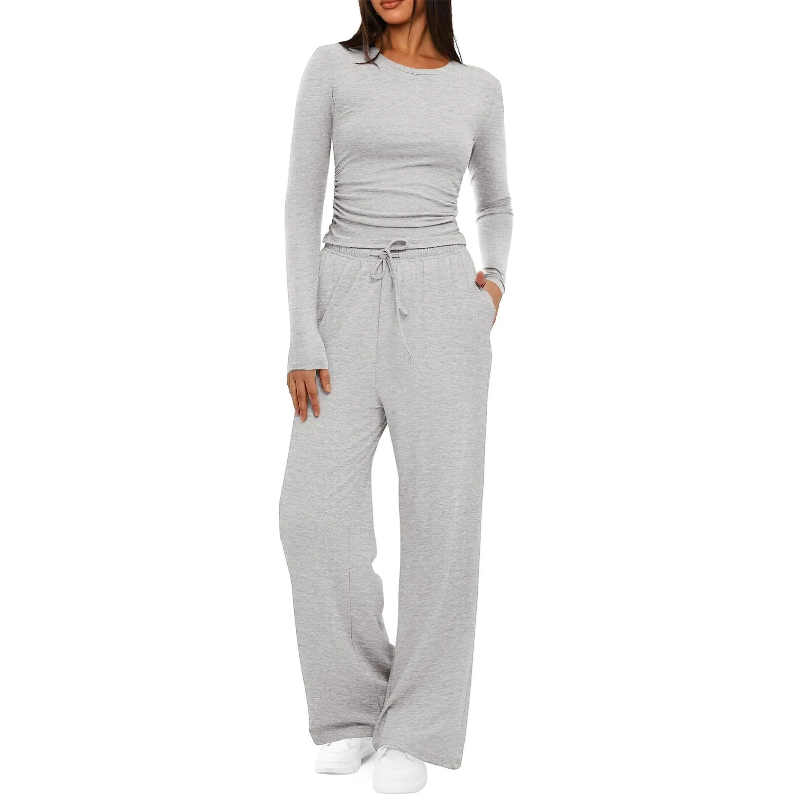 HOOUDO Skims Dupe Lounge Wear Sets for Women UK Soft Stretchy Tracksuit Set Ladies 2 Piece Outfits Crop Tops Drawstring Wide Leg Trousers Co Ord Sets Streetwear Lounge Set Pyjamas