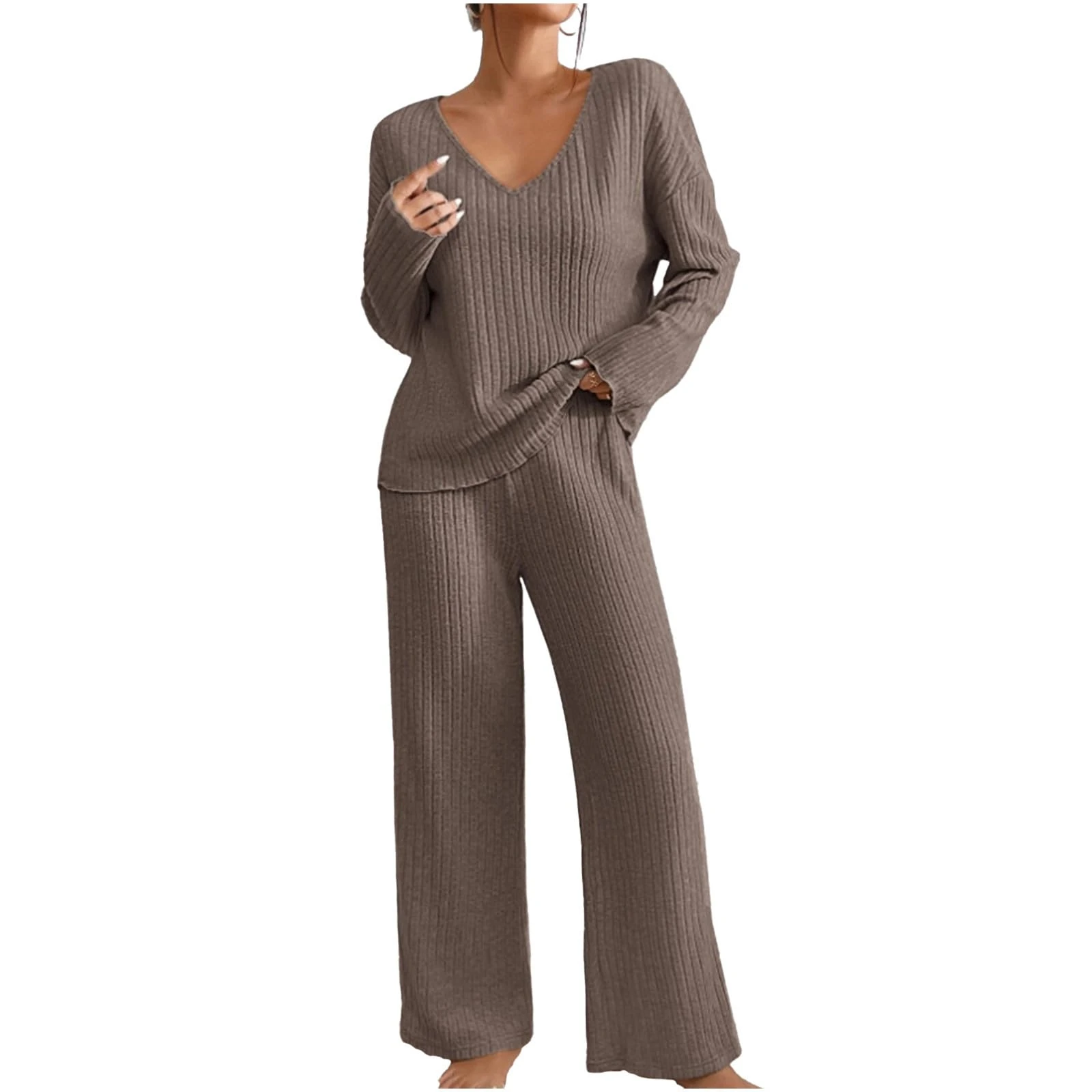Womens Lounge Wear Sets Tracksuit Women Travel Clothes Women Womens Two Piece Loungewear Sets Coord Outfit Airport Outfit Leisure Wear for UK Knitted Long Sleeve Blouse and Pant Set