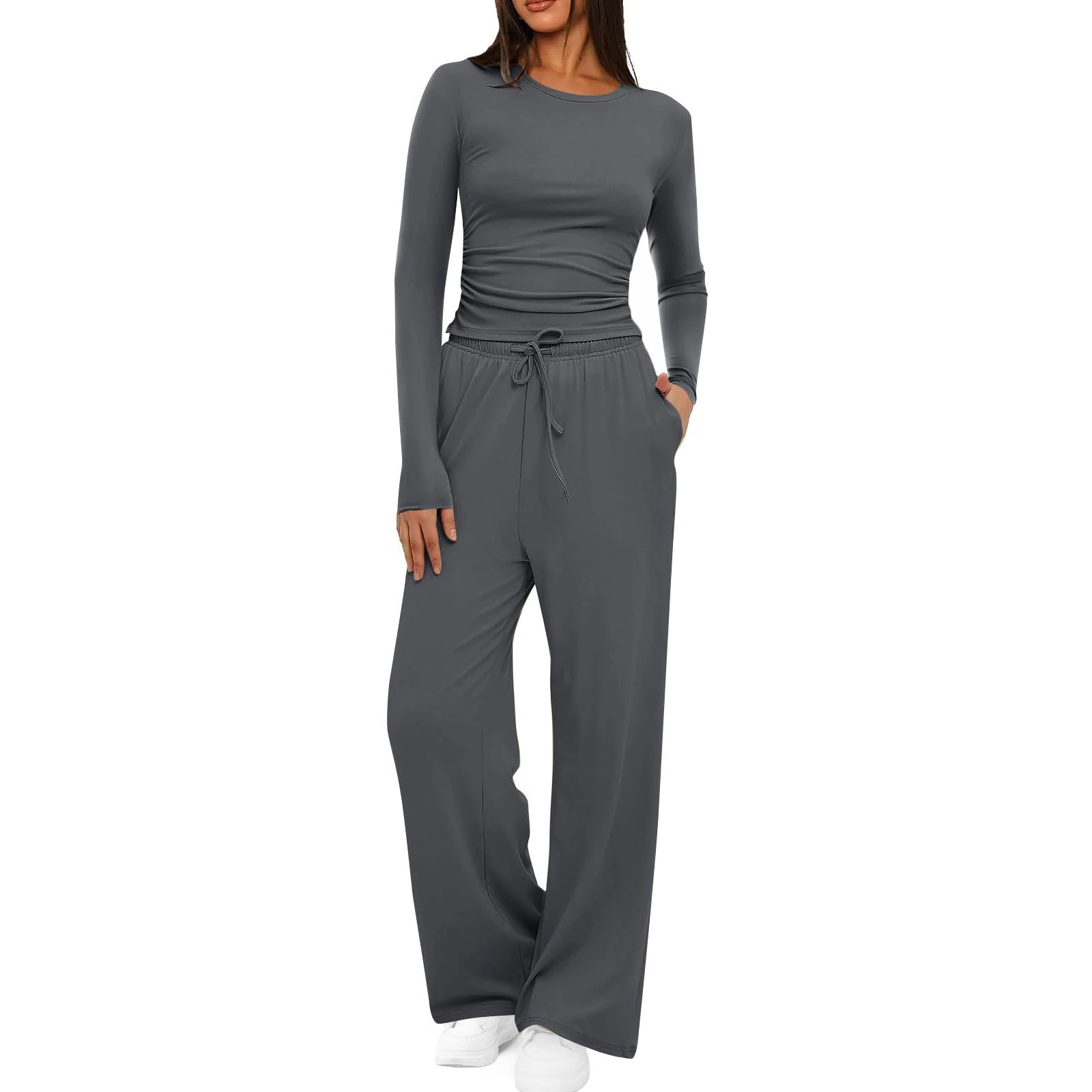 HOOUDO Skims Dupe Lounge Wear Sets for Women UK Soft Stretchy Tracksuit Set Ladies 2 Piece Outfits Crop Tops Drawstring Wide Leg Trousers Co Ord Sets Streetwear Lounge Set Pyjamas