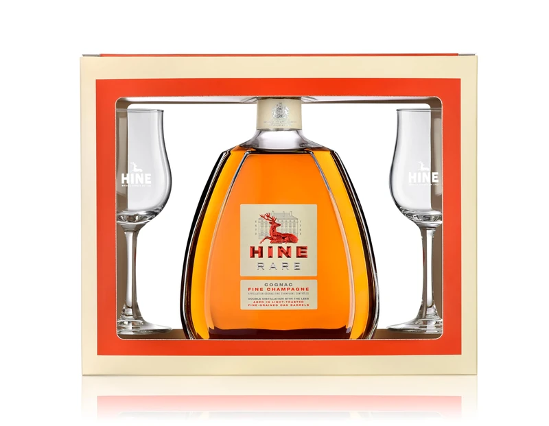 Hine Rare French Cognac & 2 x Tasting Glasses, Smooth & Elegant Fine Champagne Cognac, Best Enjoyed Neat, Rare Hine Cognac, Grande & Fine Region Grapes, Fruity & Floral Brandy, 70cl, 40% ABV
