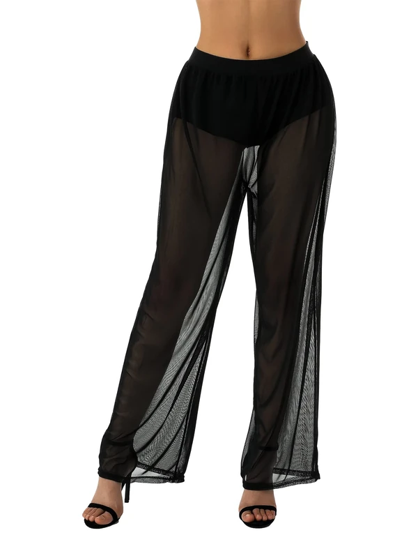 Fiacafyo Women Mesh Ruffle Cover up Pants High Waist See Through Wide Leg Loose Beach Trousers Sheer Bikini Bottoms Swimwear (A-Black, 2XL) - Image 1