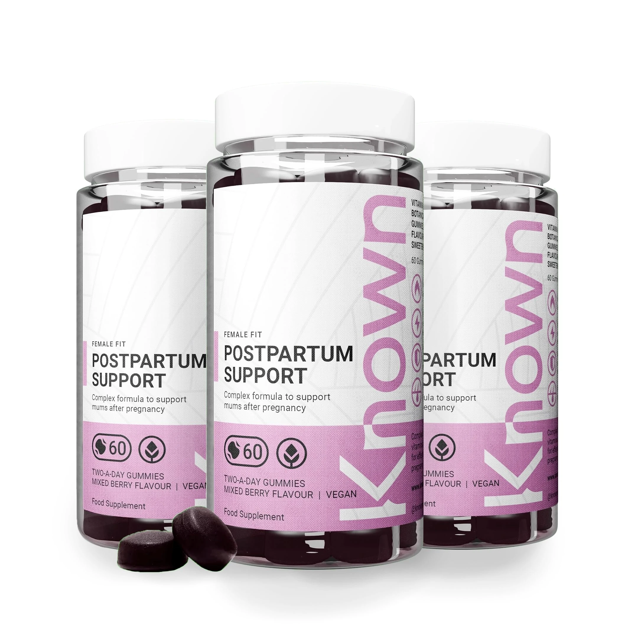 Known Postpartum Support Gummies – Mixed Berry Flavour – Vegan Multivitamin Gummy Supplement with Iron, Biotin, Choline & Vitamins – Post Pregnancy Recovery & Energy – 3 Month Supply – for Women
