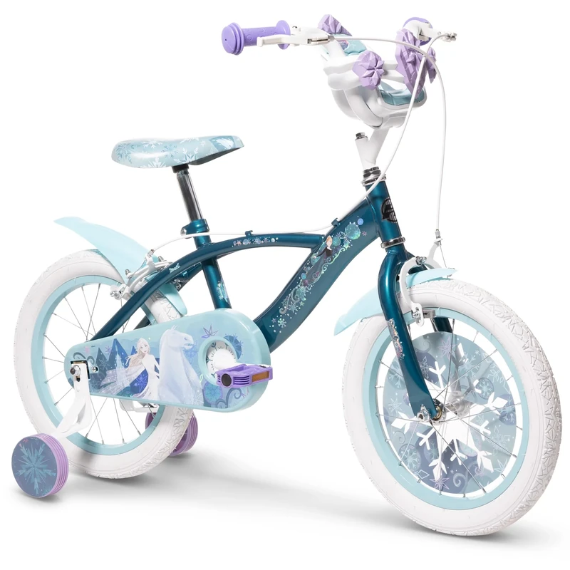 Huffy Disney Frozen 16" Kids’ Bike, Doll Carrier, Removable Stabilisers, Bell, Front and Rear Mudguards, Enclosed Chain, Girls’ Bicycle for Ages 4-6, Sparkling Ice Blue Design