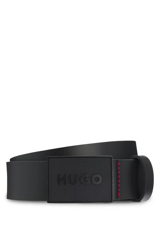 HUGO Mens Gethon Sz35 Italian-leather belt with logo plaque buckle