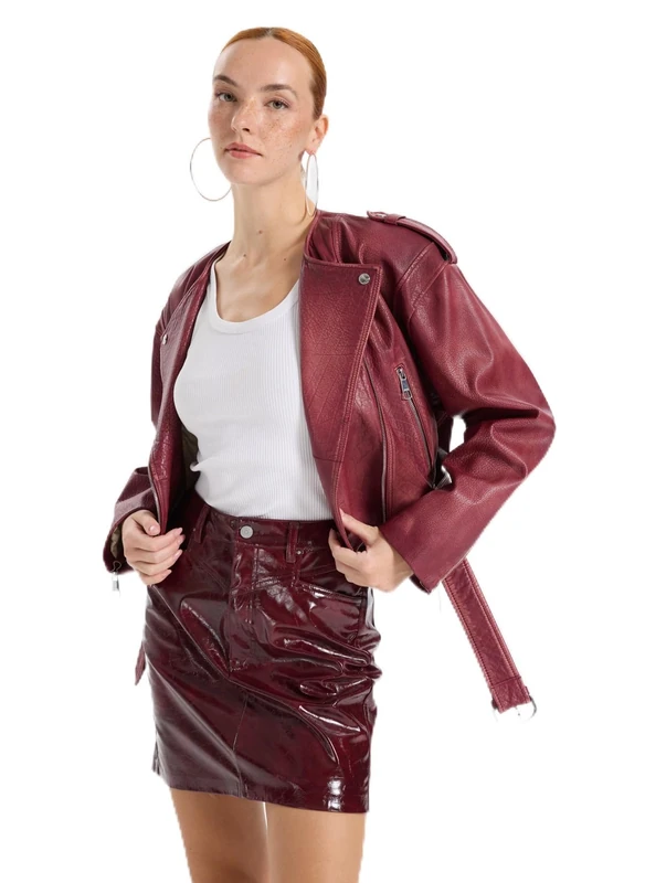BOSS Women's C_sadora Leather Jacket, 602 Dark red, 14