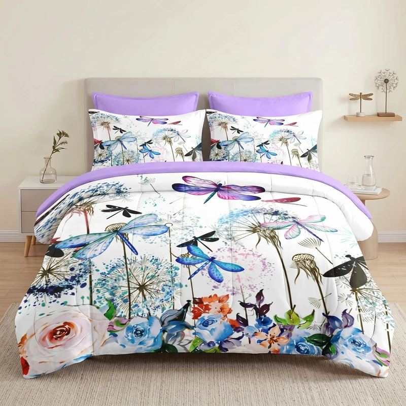 Pamnest Comforter Set King Size, Dragonfly Flower 7 Pcs Bedding Set for Kids and Adults, Purple Rose Hydrangea Bed Sheet Sets with Fitted Sheet 2 Pillowcases & 2 Shams for Bedroom Bed Decor