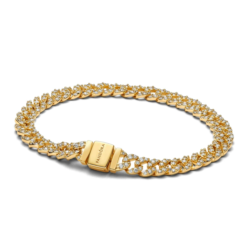 PANDORA Timeless Pave Cuban link bracelet made of sterling silver with gold-plated metal alloy and zirconia, size: 16 cm, 563008C01-16