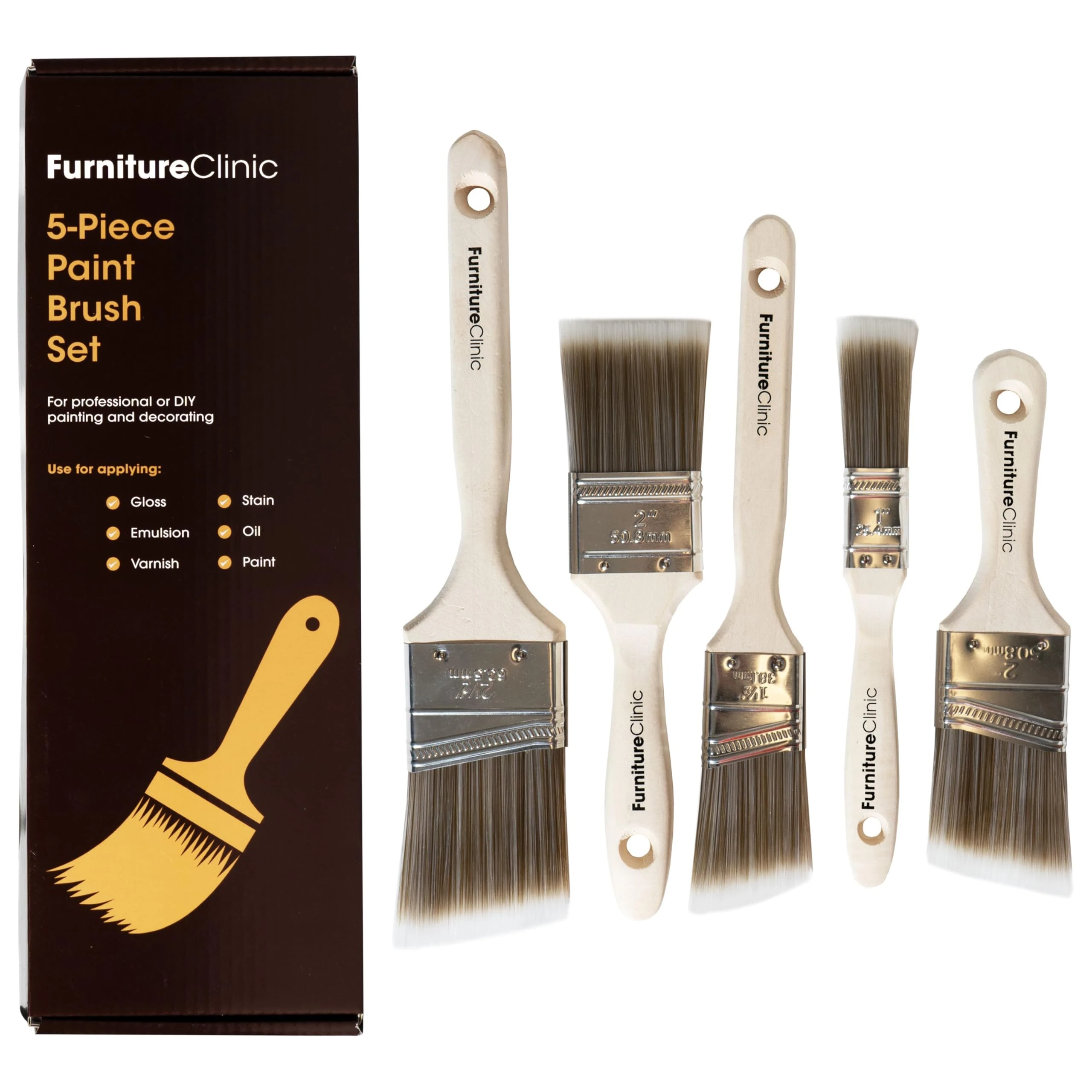 Furniture Clinic Paint Brush Set for Professional or DIY Painting & Decorating - Set of 5 Brushes - Flat, Cutting Angled, 38mm, 50mm, 60mm Paintbrushes - For Gloss, Emulsion, Varnish, & Wood Staining