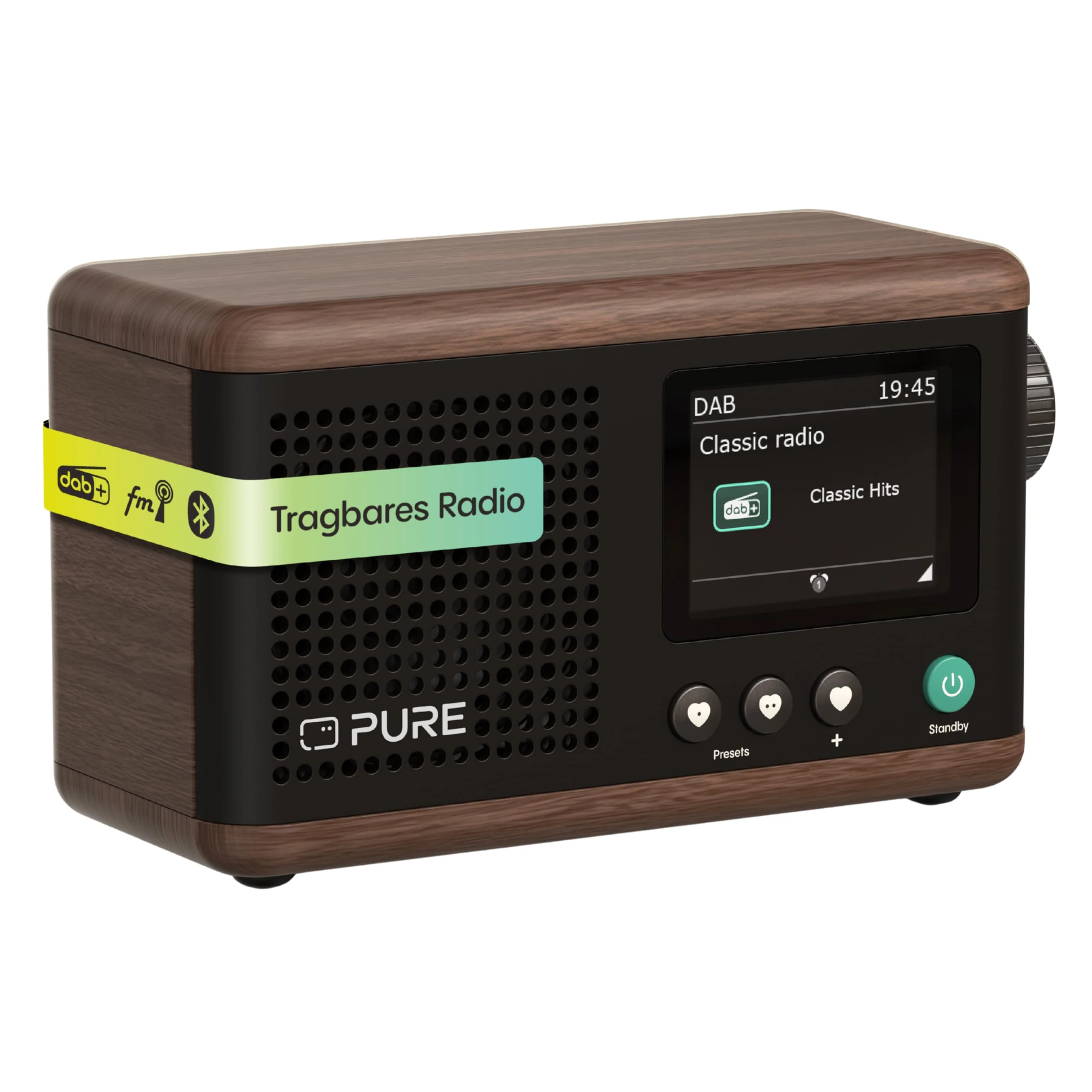 Pure Classic Mini Portable digital radio - DAB+ & FM - Bluetooth 5.3-15 hours battery life - 2 equaliser options - 2.4 inch colour display - Carrying strap - brown/walnut - Compact & lightweight