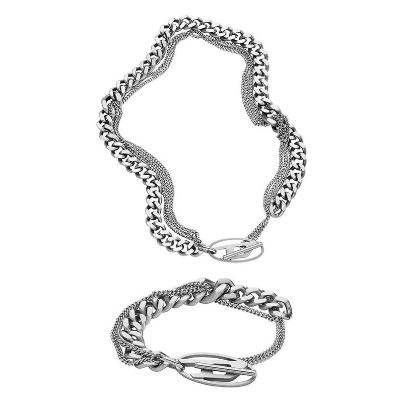 Diesel Men's Oval D Logo Silver-Tone Stainless Steel Necklace and Bracelet, Set