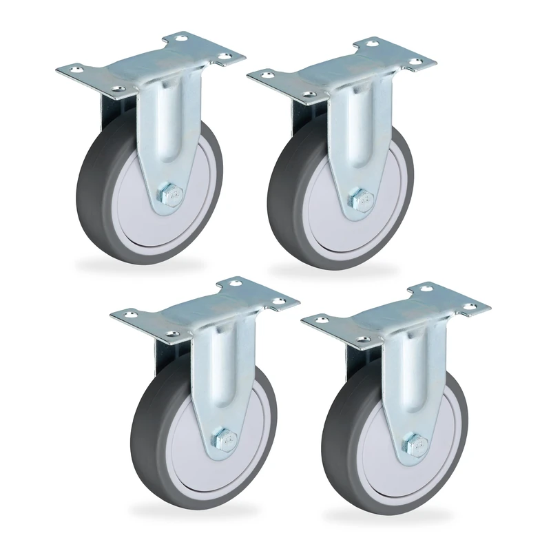 Relaxdays Fixed Castors, 4-Pack, 100 mm, TPR, Steel Plate, Ball Bearings, Non-Marking, Noise-Reducing, Grey/Silver