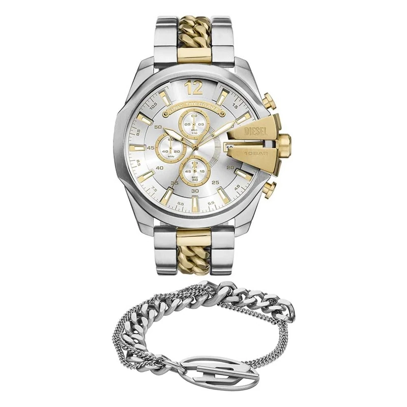 Diesel Men's Multicolor Watch and Oval D Logo Bracelet Silver-Tone Stainless Steel, Set