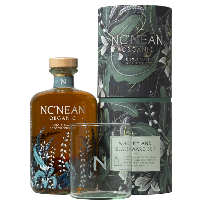 Nc'nean | Organic Single Malt Whisky Gift Set | Includes a branded whisky glass | Certified organic | Bottle & glass are 100% recycled | Citrus, peach, apricot & spice | 46% Vol. | 700ml