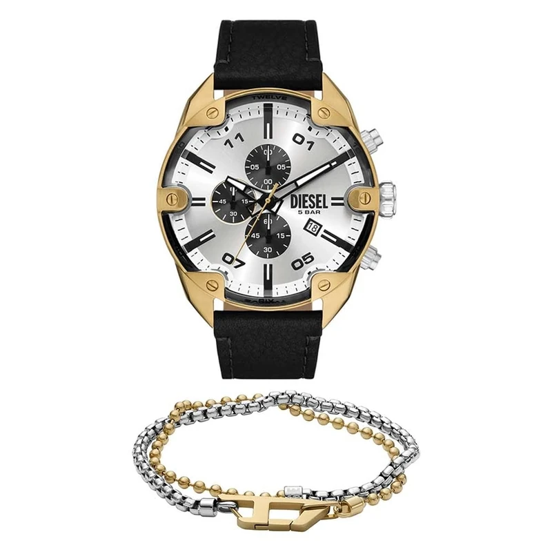 Diesel Men's Spiked Black Leather Watch and D Logo Bracelet Multicolor Stainless Steel, Set