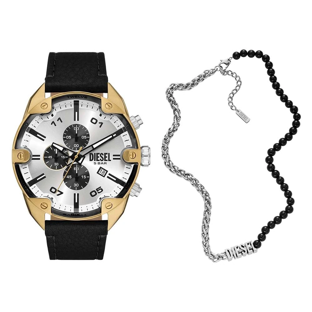 Diesel Men's Spiked Black Leather Watch and Font Necklace Silver-Tone Stainless Steel, Set
