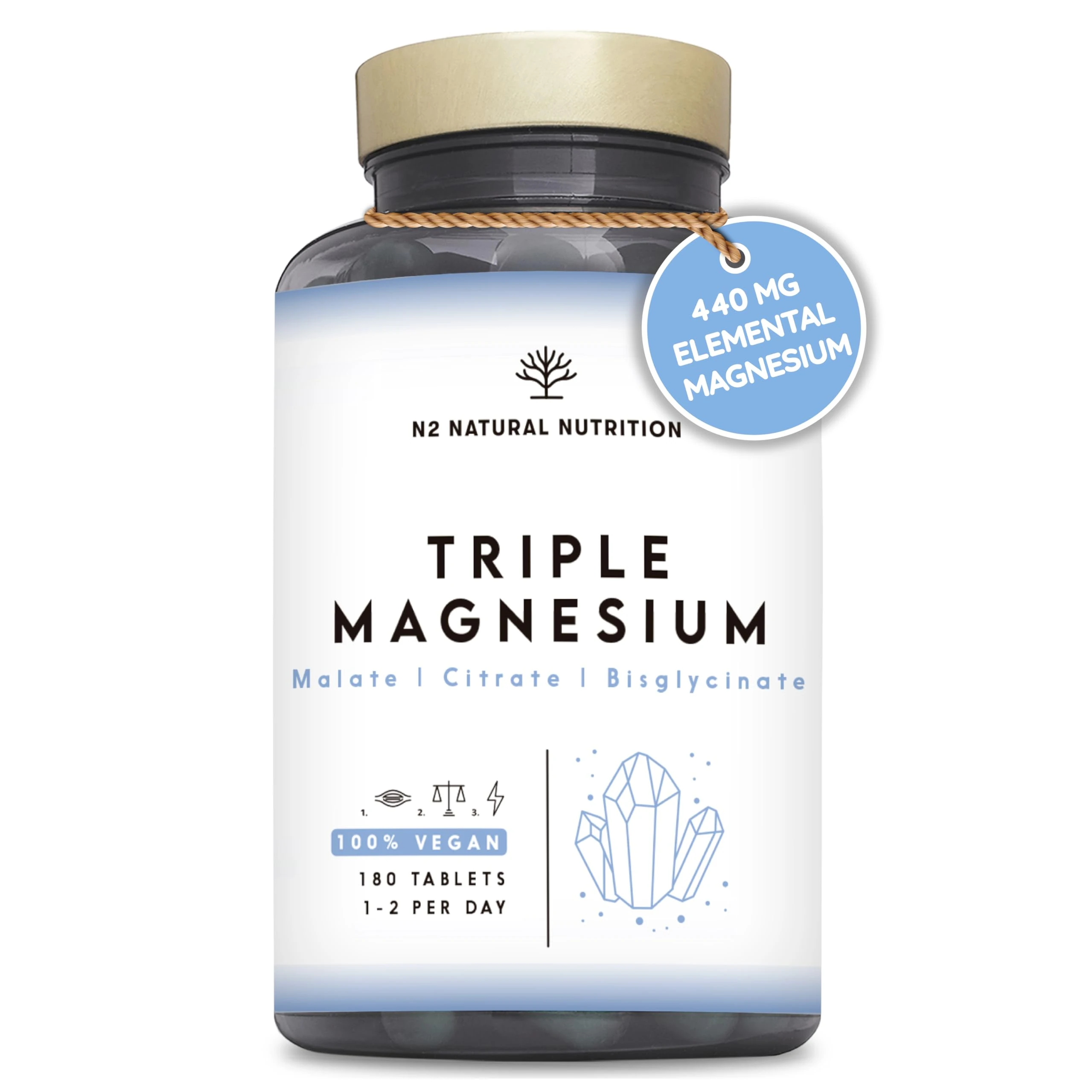 Triple Magnesium Glycinate 3-in-1 (6 Months) 2640 mg Magnesium, Synergistic Complex with Malate, Citrate, Bisglycinate for Sleep, Energy, Muscles and Bones. 180 Tablets. N2 Natural Nutrition