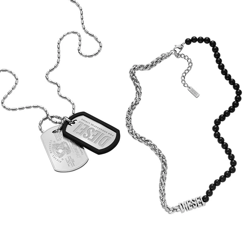 Diesel Men's Font Silver-Tone Stainless Steel Necklace, Set