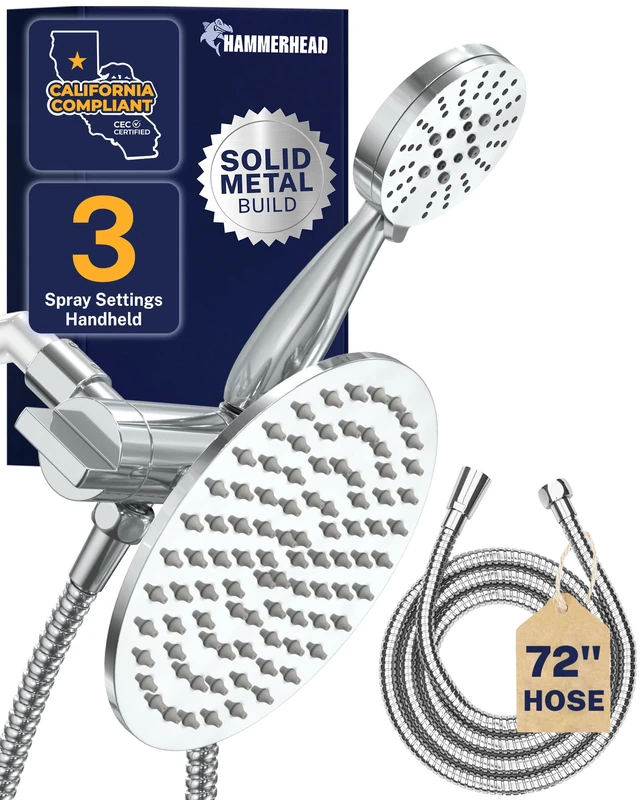 Hammerhead Showers® All Metal - Chrome Double Shower Set - 8" High Flow Rain Shower and Portable 3 Flow Low Flow Shower with 6' Hose - Double Shower Head