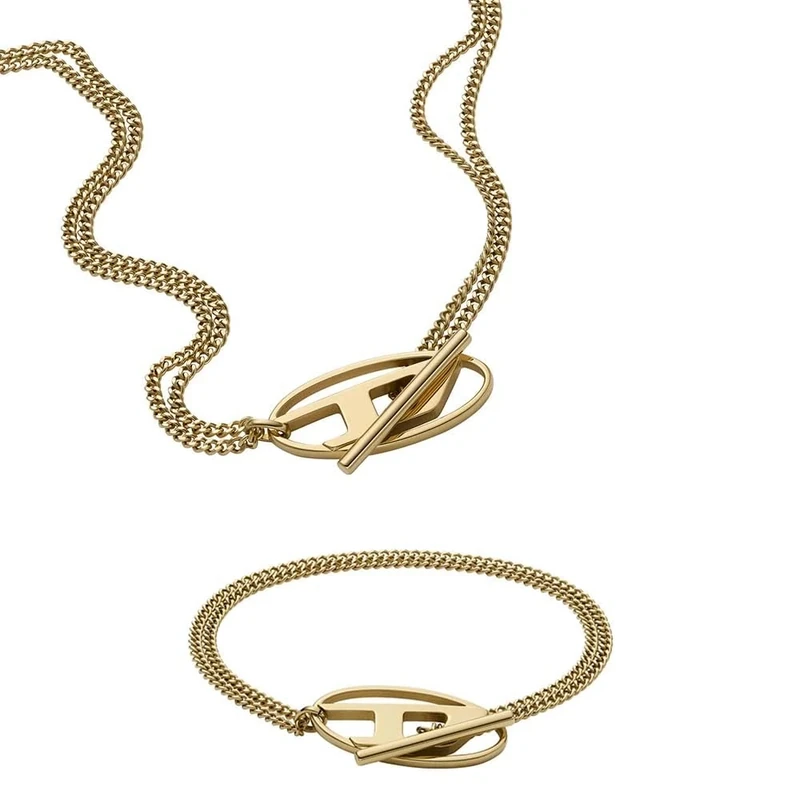 Diesel Men's Oval D Logo Gold-Tone Stainless Steel Necklace and Bracelet, Set