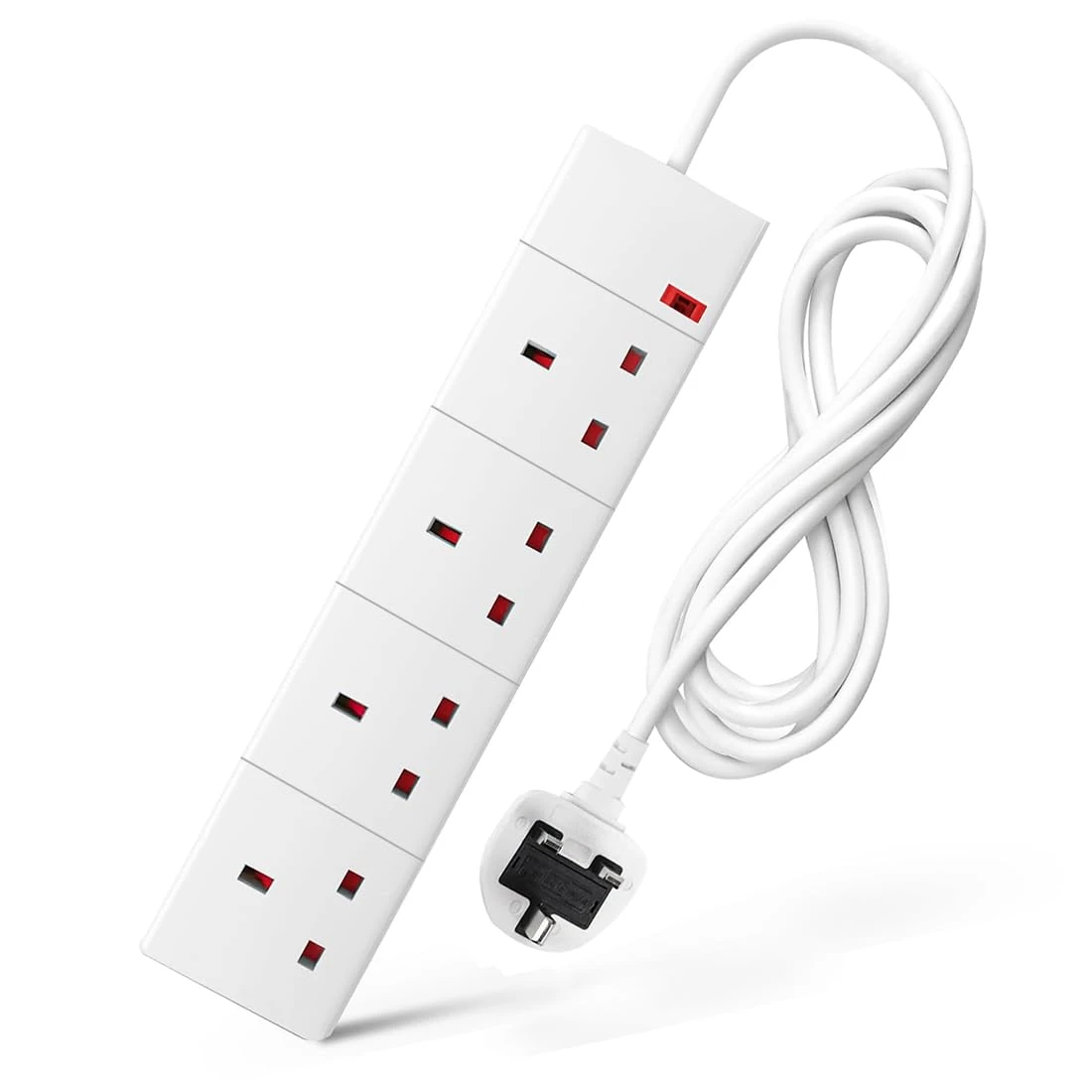 Extension Lead 2M, 4 Way Plug Socket with Surge Protection – Wall Mountable Power Strip with Short Cable, UK Plug, Multi Plug Extension Cord