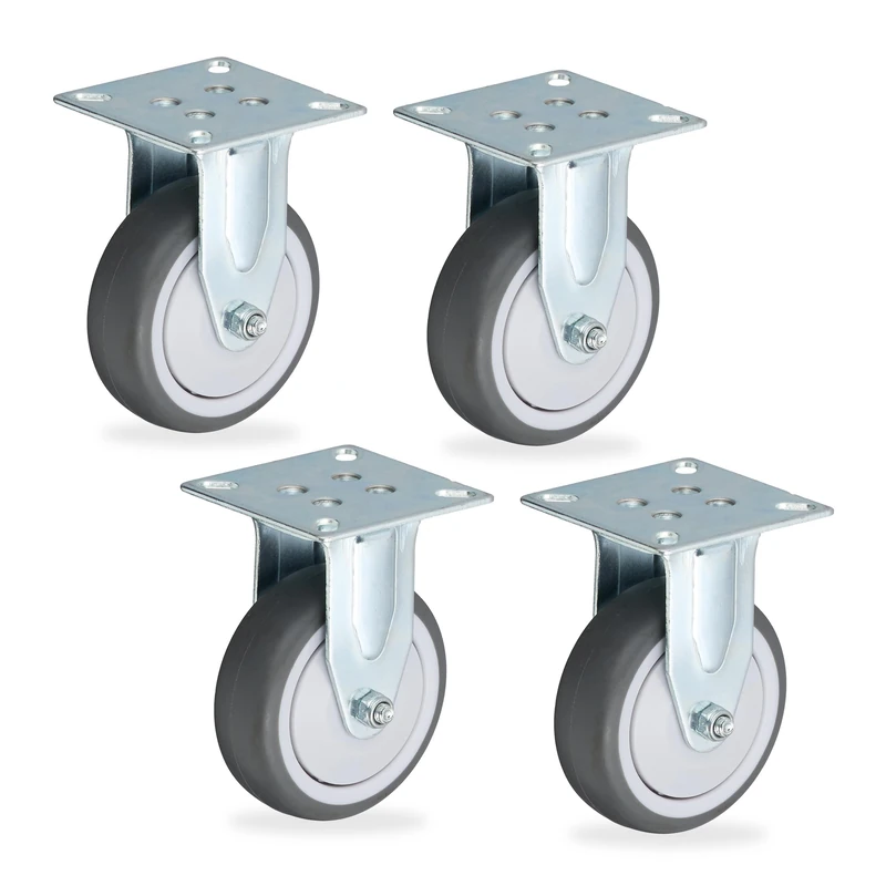 Relaxdays Fixed Castors, 4-Pack, 50 mm, TPR, Steel Plate, Ball Bearings, Non-Marking, Noise-Reducing, Grey/Silver - Image 1